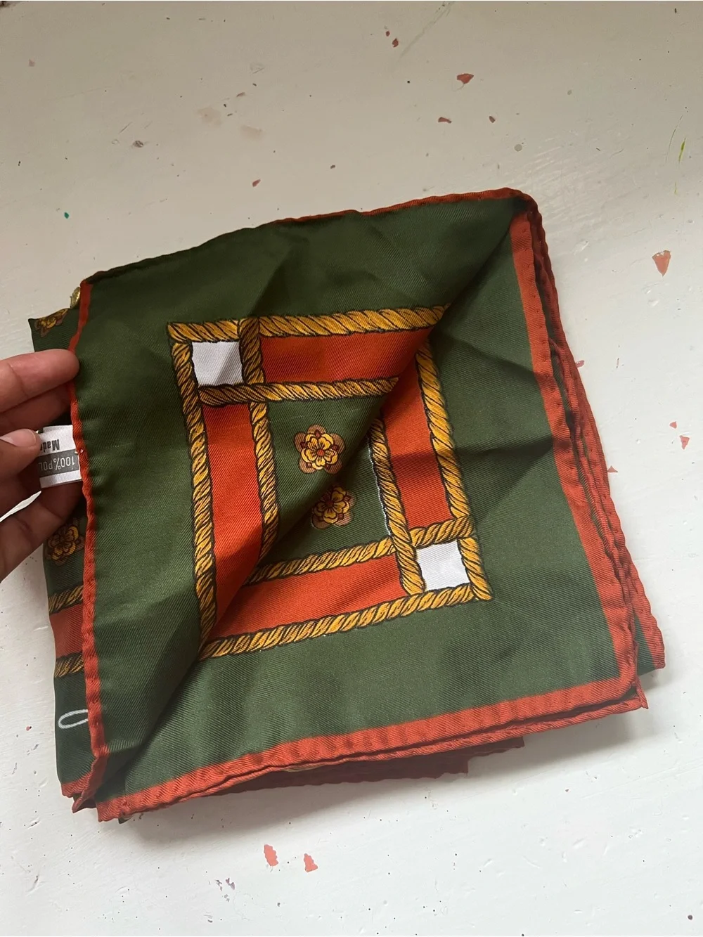 Vintage italiana Green & Gold Equestrian Print Silk Scarf